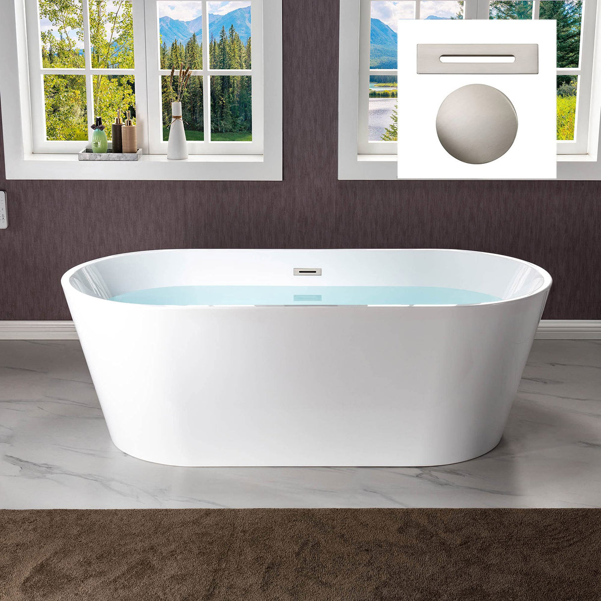 WOODBRIDGE 67" Acrylic Freestanding Bathtub Contemporary Soaking White Tub with Brushed Nickel Overflow and Drain，B0013-BN WOODBRIDGE