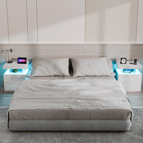 HOMMPA LED Nightstand with Wireless Charging Station & USB Ports High Gloss Bedside Table with LED Light RGB Adjustable Brightness Smart Nightstand 2 Drawers Night Stand for Bedroom White HOMMPA