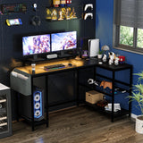 ElectraSpeedy 49" L Shaped Desk with Power Outlet & LED Lights, Reversible Corner Computer Desk with Storage Shelves & Monitor Stand, Home Office Desk for Gaming Writing Study (Black) ElectraSpeedy