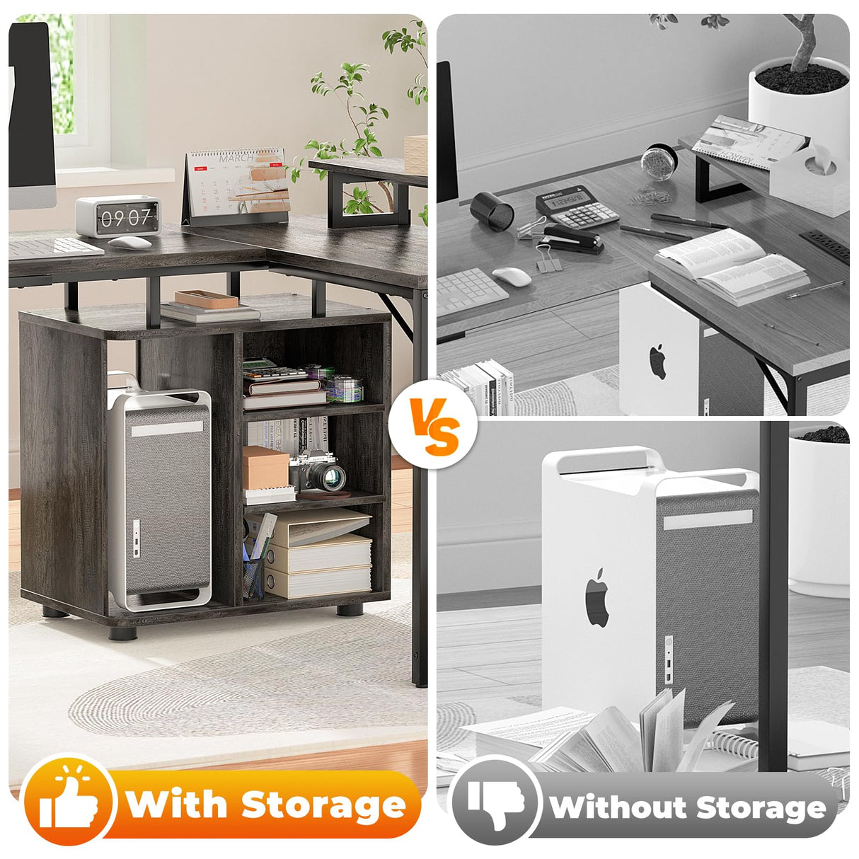 Cyclysio L Shaped Gaming Desk with Wood Cabinet, 58" Large Corner Desk with LED Lights & Power Outlet, Reversible Computer Desk with Monitor Stand, Home Office Desk 2 Person Corner Desk, Grey Oak Cyclysio