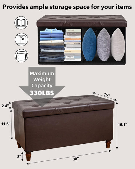GLAXYFUR 30 Inches Storage Ottoman Bench with Wooden Legs, Faux Leather Folding Ottoman Foot Rest, Storage Bench for Living Room, Hallway & Bedroom, Upgrade Large Capacity (Engineered Wood, Brown) GLAXYFUR