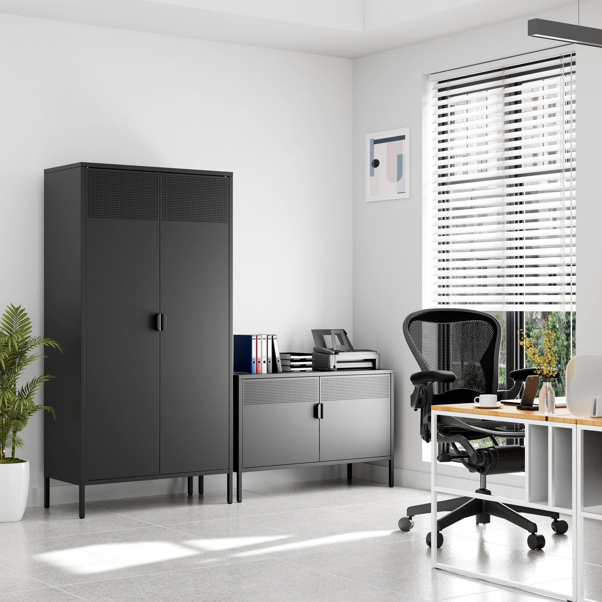 Ustamio Black Wide Metal Locker Storage Cabinet, 2 Door Metal Accent Cabinet for Home and Office, 2 Tier Low Metal Cabinet with Doors and Shelf, Multipurpose Metal Tv Stand Cabinet Ustamio