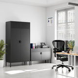 Ustamio Black Wide Metal Locker Storage Cabinet, 2 Door Metal Accent Cabinet for Home and Office, 2 Tier Low Metal Cabinet with Doors and Shelf, Multipurpose Metal Tv Stand Cabinet Ustamio