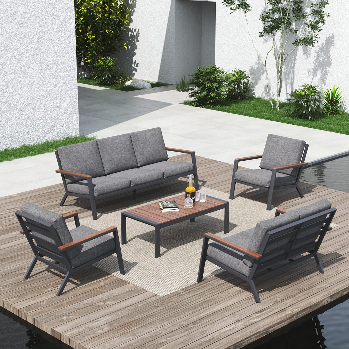 Soleil Jardin Aluminum Patio Furniture Set with FSC Certified Solid Wood Top Armrest & Coffee Table, Outdoor Deep Seating Sectional Sofa, 5 Piece Conversation Sets w/Removable Cushion, Dark G - WoodArtSupply