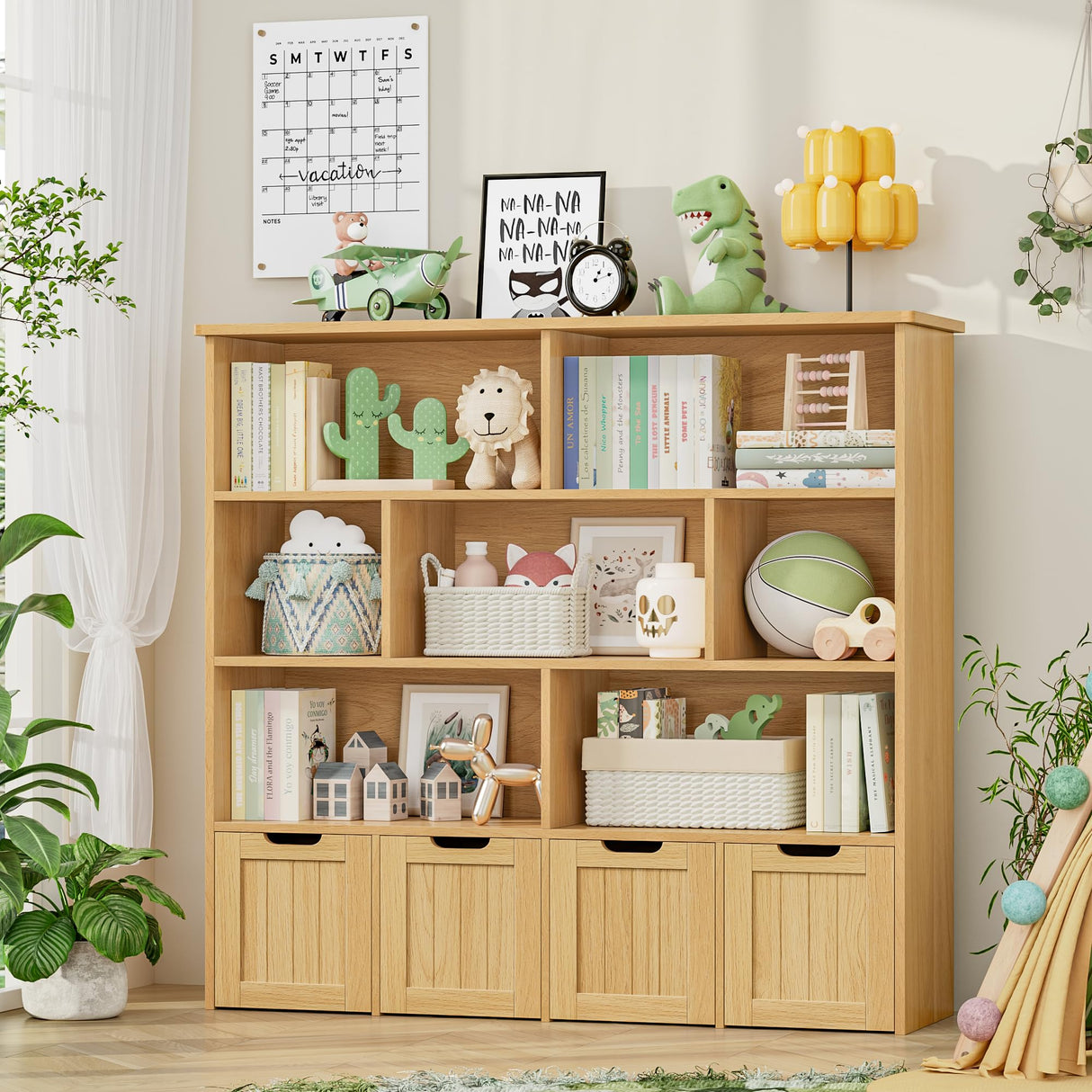 FINETONES Toy Storage Organizer, Large Toy Organizers and Storage with 4 Movable Drawers and 7 Storage Cubbies, Toy Chest Shelf Kids Bookshelf with Hidden Wheels, Natural FINETONES