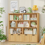 FINETONES Toy Storage Organizer, Large Toy Organizers and Storage with 4 Movable Drawers and 7 Storage Cubbies, Toy Chest Shelf Kids Bookshelf with Hidden Wheels, Natural FINETONES