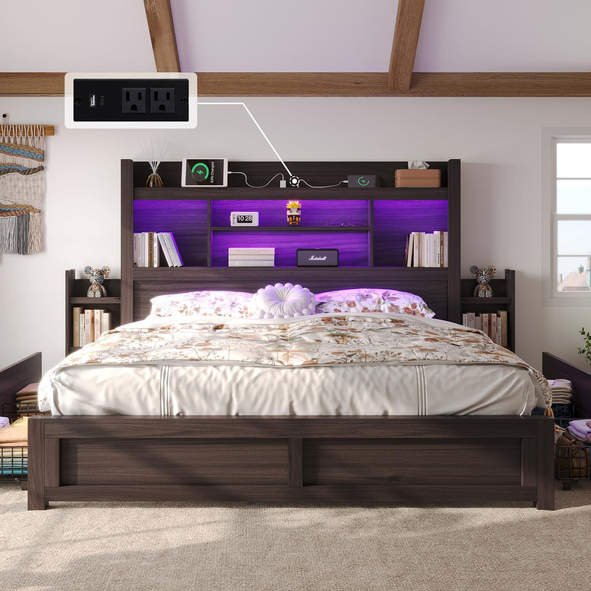 LUXOAK King Bed Frame with 49.6" Bookcase Headboard & 2 Bedside Stoage Racks & 4 Drawers, Farmhouse Wood Bed Frame with RGB LED & Charging Station, No Box Spring Needed, Black LUXOAK