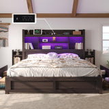 LUXOAK King Bed Frame with 49.6" Bookcase Headboard & 2 Bedside Stoage Racks & 4 Drawers, Farmhouse Wood Bed Frame with RGB LED & Charging Station, No Box Spring Needed, Black LUXOAK