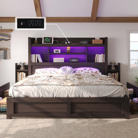LUXOAK King Bed Frame with 49.6" Bookcase Headboard & 2 Bedside Stoage Racks & 4 Drawers, Farmhouse Wood Bed Frame with RGB LED & Charging Station, No Box Spring Needed, Black LUXOAK