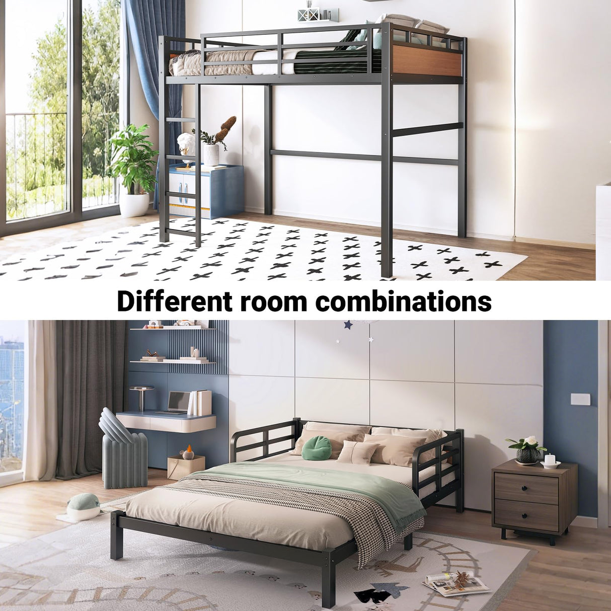 HKOLIE Full XL Over Full XL Bunk Bed, Convertible Metal Bunk Beds Can Separate into Loft Bed and Platform Bed, Heavy Duty Noise-Free Bed Frame with Safety Rails for Adults Teens Kids, Walnut HKOLIE