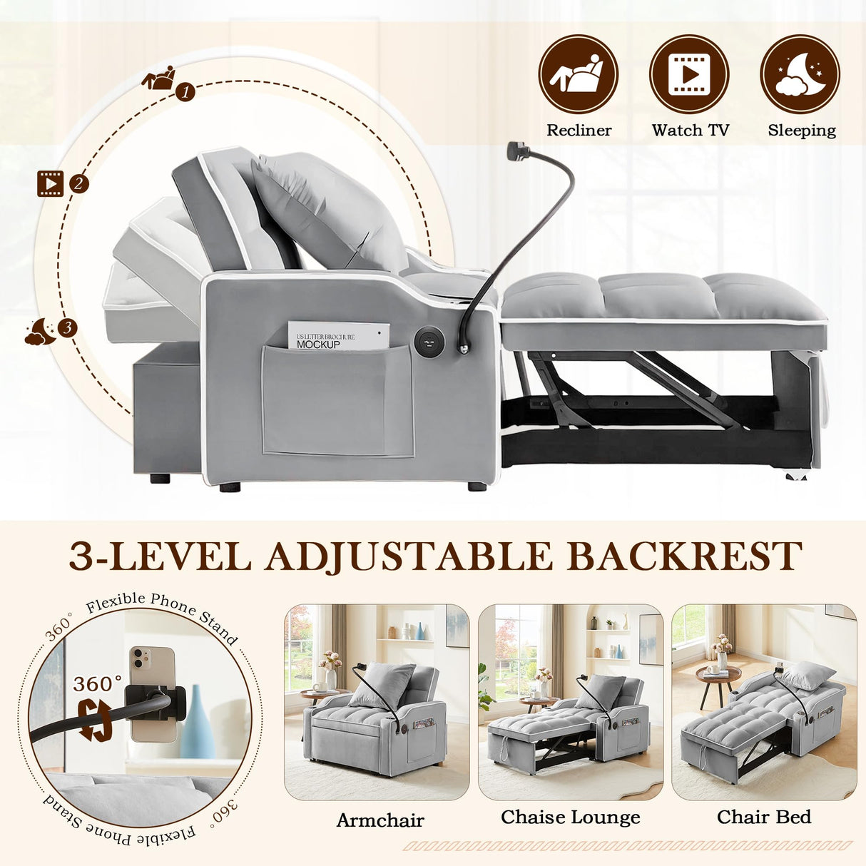 SLEERWAY 3-in-1 Convertible Futon Sofa Bed Chair, Multi-Functional Sleeper Chair Bed with Pull Out Couch and Adjustable Backrest, Modern Velvet Chaise Lounge Armchair for Living Room Bedroom, Grey SLEERWAY