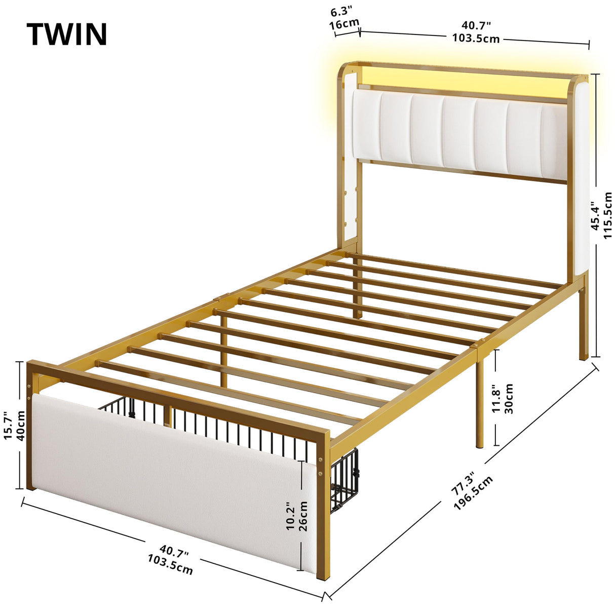 LIKIMIO Twin Size Bed Frame with Armrests Headboard & RGB Light, Upholstered Twin Size Bed Platform with Drawers, No Box Spring Needed, Study & No Noise, Modern Gold and White LIKIMIO