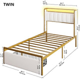 LIKIMIO Twin Size Bed Frame with Armrests Headboard & RGB Light, Upholstered Twin Size Bed Platform with Drawers, No Box Spring Needed, Study & No Noise, Modern Gold and White LIKIMIO