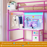 DICTAC Bunk Bed with Desk and Charging Station Metal Loft Bed Twin Size with Led Lights & Storage Shelves and Drawers L-Shaped Twin Over Twin Size Bunk Bed for Teen,Safety Guardrail and Ladder,Pink DICTAC