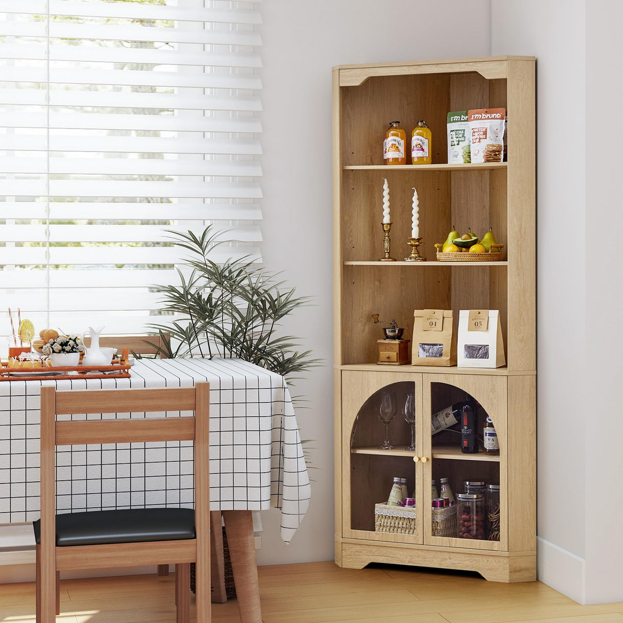 SUJOUCRAFT 70" H Tall Coner Storage Cabinet, Farmhouse Narrow Wood Coner Cabinet with Door & Adjustable Shelves, Home Pantry Hutch for Kitchen, Dining Living Room, Bathroom, Antique Dispaly (Natural) SUJOUCRAFT