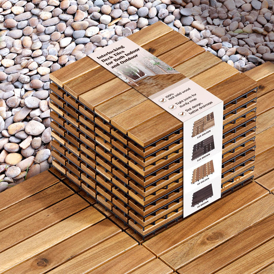 Interlocking Deck Tiles - 10PCS Waterproof Acacia Wood Patio Tiles, Flooring Tiles for Both Indoor and Outdoor - Decking Stripe Pattern, Golden Teak, 12 x 12 x 0.9 inches - WoodArtSupply