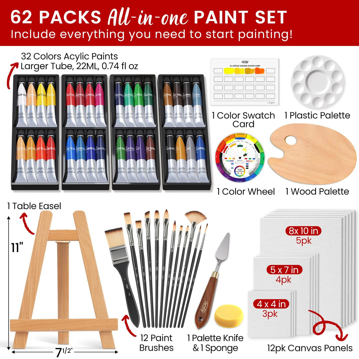 ARTALLY Acrylic Paint Set for Adults & Kids, 62 Pcs Canvas Painting Kits, 32 Colors Acrylic Paint (22ML),Table Easel,Brushes,Canvas, Art Painting Supplies Kit for Students,Artists,Beginners ARTALLY