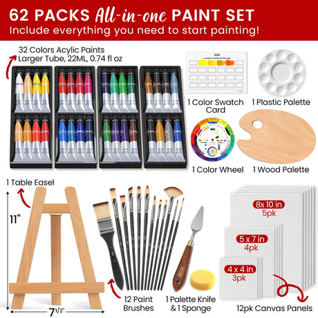 ARTALLY Acrylic Paint Set for Adults & Kids, 62 Pcs Canvas Painting Kits, 32 Colors Acrylic Paint (22ML),Table Easel,Brushes,Canvas, Art Painting Supplies Kit for Students,Artists,Beginners ARTALLY