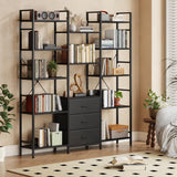 AFLUI Triple Bookshelf with 3 Fabric Drawers, 5-Tier Book Shelf and 10 Display Shelves, Industrial Large Bookcase for Home & Office, Black, 47'' Wide AFLUI
