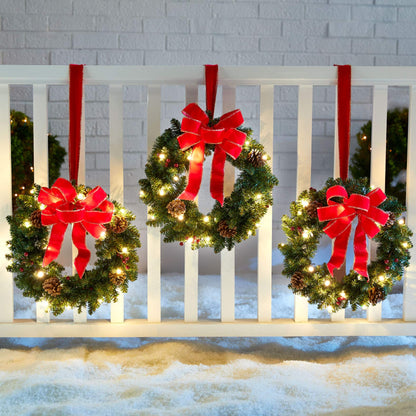 BrylaneHome Set of 3 Cordless Pre-Lit Mini Christmas Wreaths - Red