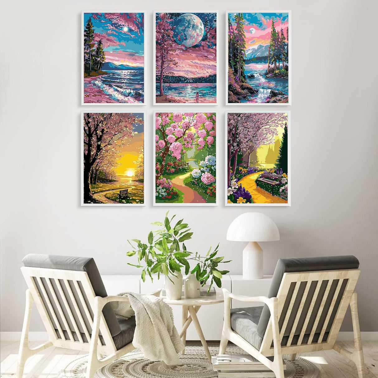 6 Pack Natural Scenery paint by numbers kit for adults,Pink Painting Unframed Easy Acrylic on Canvas11.8x15.7Inch, Acrylic Paint Kit for Adults Beginners,Paint by Numbers Canvas for Home Wall Decor RYMILIE