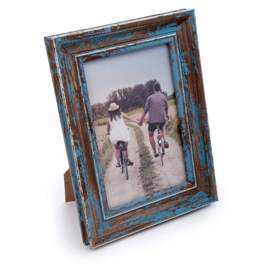 Truu Design Weathered Picture Frame, Distressed Wooden Look for Wall or Tabletop Display, Lightweight Photo Frame with Glass Cover, 4" x 6", Blue