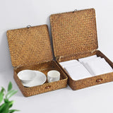 FOSSORH Set of 2 Flat Seagrass Storage Bins with Lid Wicker Storage Baskets for Organizing, Woven Shelf Organizer Bins Home Utility Organizer Box for Home & Office Supplies (Caramel) FOSSORH