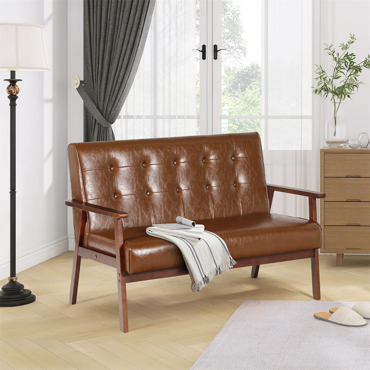 JIASTING Mid Century Modern Loveseat Sofa with Wooden Arms Leather Office Couch 2-Seat Wood Love Seat Lounge Armchair Living Room Bedroom, Waiting Room Sofa, 50”W (Leather, Brown Loveseat N) JIASTING