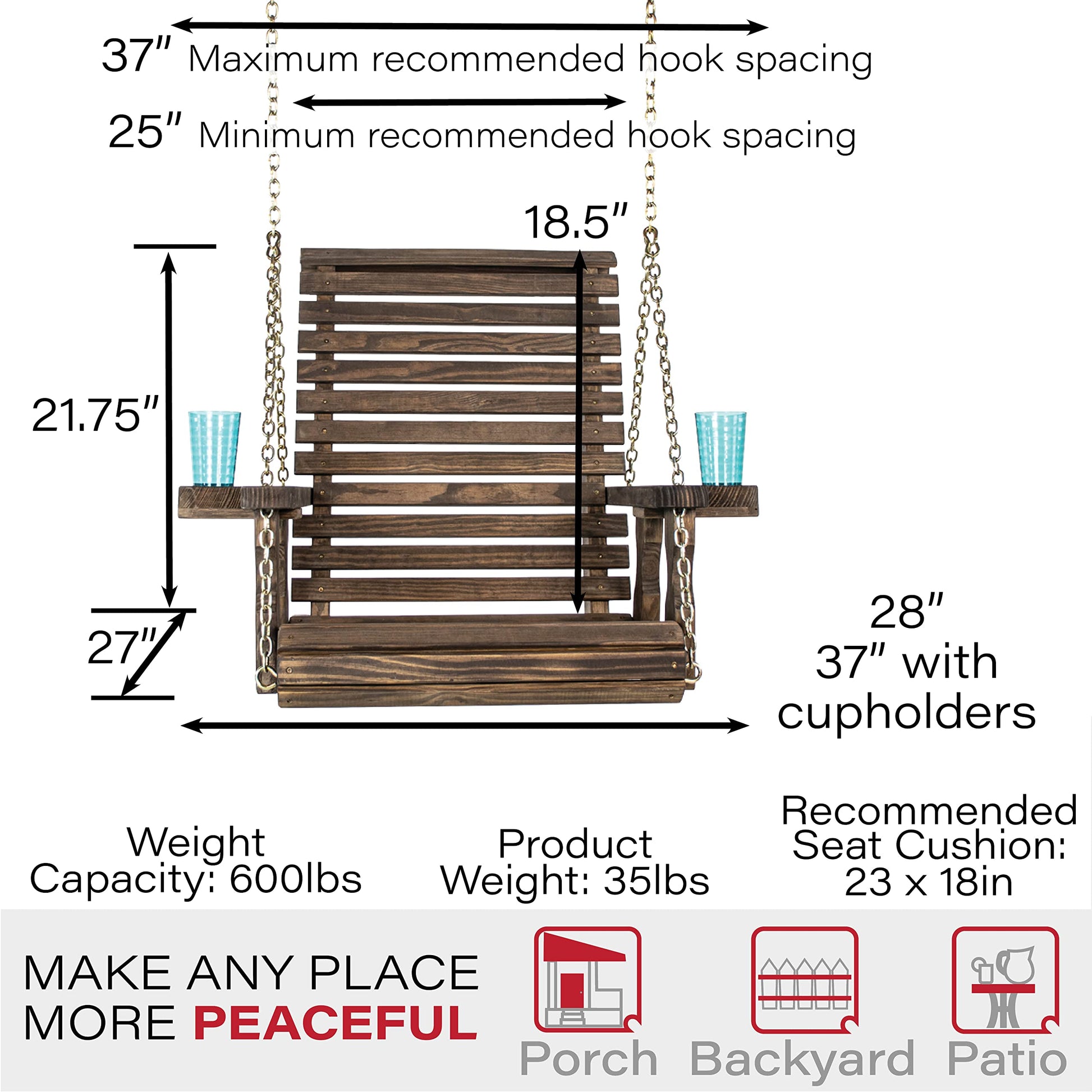 Amish Casual Heavy Duty Roll Back Pressure Treated Swing Chair with Cupholders (Dark Walnut Stain) - WoodArtSupply