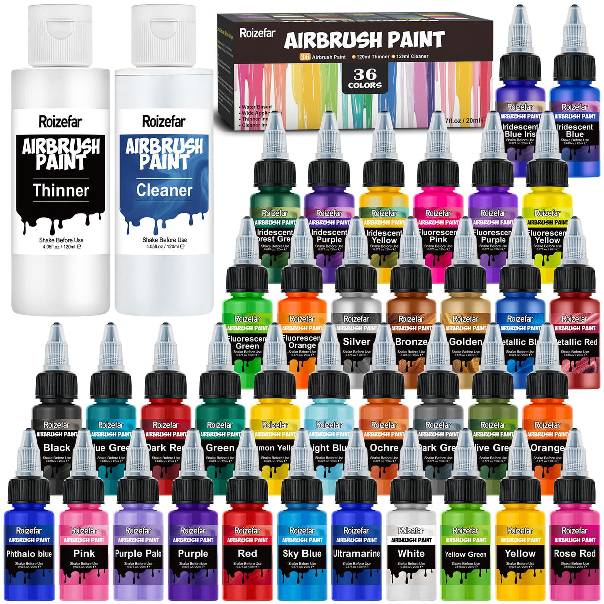 Roizefar Airbrush Paint, 36 Colors with 4.05 Fl Oz Thinner & 4.05 Fl Oz Cleaner, Water-Based Air Brush Paints Acrylic Ready to Spray, Includes Iridescent, Metallic, Neon, Classic Colors, 20ml/Bottle Roizefar