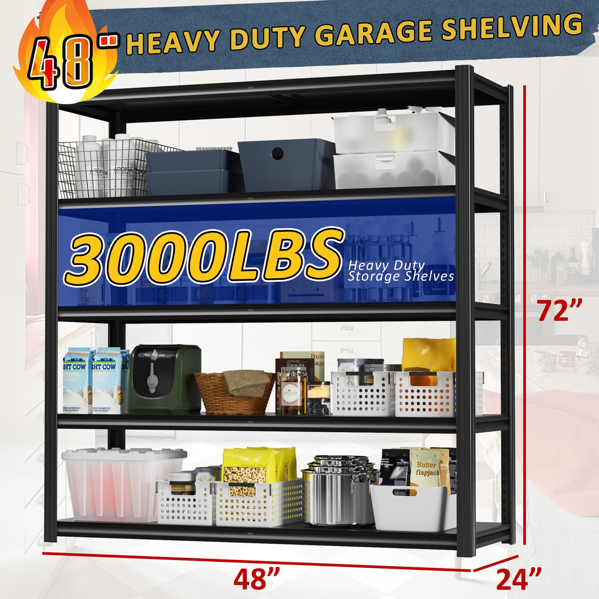 VDEVY 48" W Garage Shelving Heavy Duty 3030Lbs Storage Shelf 5 Tier Adjustable Shelving Units Metal Garage Storage Shelves for Basement, Commercial, Warehouse, Industrial, 72" H x 48" W x 24" D, VDEVY