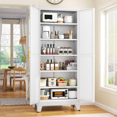 GAIOUS 75.2" Tall Pantry Cabinet, Kitchen Pantry Storage Cabinets with 2 Door and 5 Adjustable Shelves, White Metal Pantry Storage Cabinet, Cupboard for Kitchen, Dining Room, Living Room and Bathroom GAIOUS