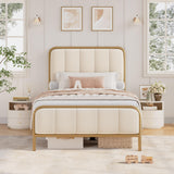 HITHOS Twin Size Bed Frame with Button Tufted Headboard, Upholstered Heavy Duty Metal Mattress Foundation with Wooden Slats, Easy Assembly, No Box Spring Needed (Golden/Off White, Twin) HITHOS
