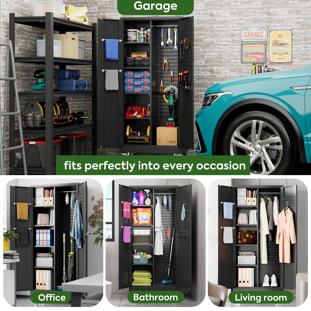 Reemoon Broom Closet Storage Cabinet with Wheels and Pegboard,Metal Garage Storage Cabinet with Doors and Adjustable Shelves for Garage Home,Required Assembly,Black Reemoon