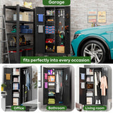 Reemoon Broom Closet Storage Cabinet with Wheels and Pegboard,Metal Garage Storage Cabinet with Doors and Adjustable Shelves for Garage Home,Required Assembly,Black Reemoon