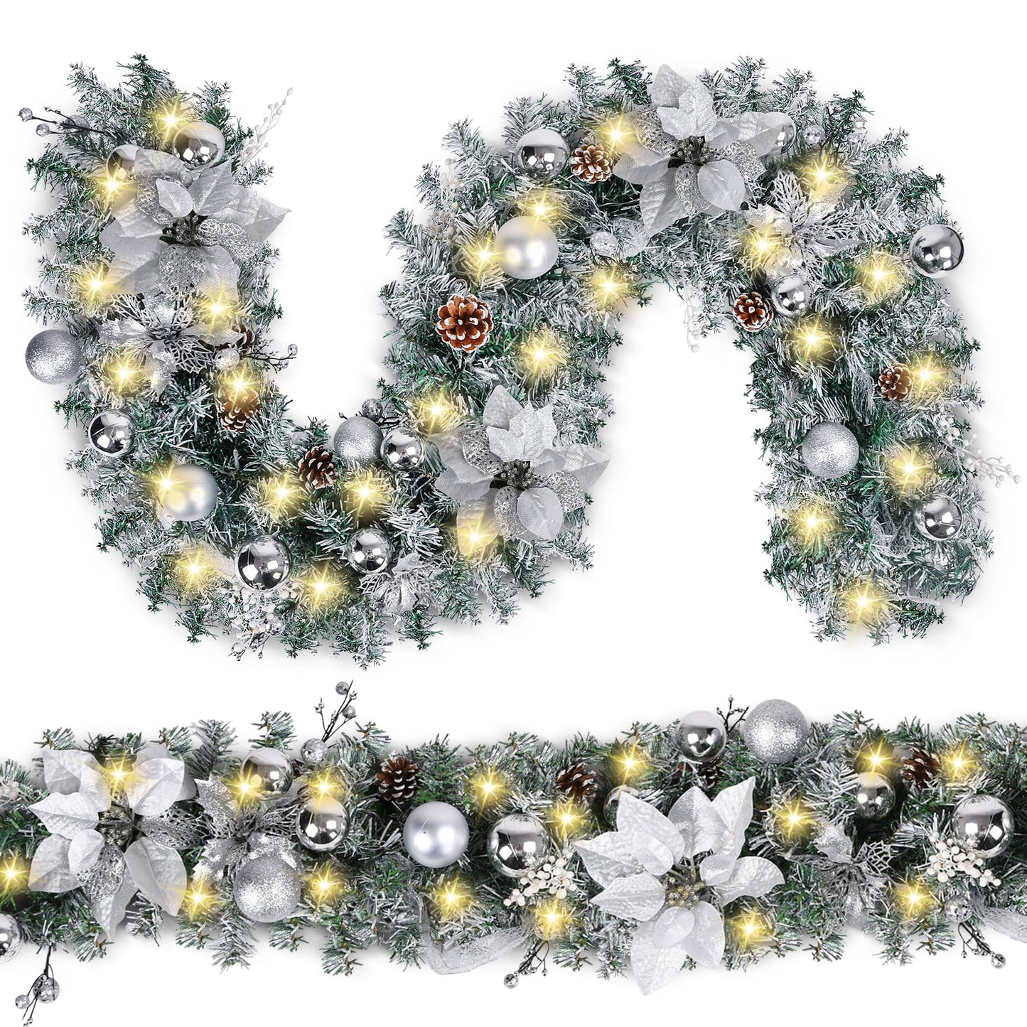 Christmas Garland with LED Lights, Battery Operated, Artificial Christmas Garland Silver Flower and Ball Ornaments Decorations for Christmas Decorations and Holiday Mantle Decor, 6FT