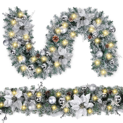 Christmas Garland with LED Lights, Battery Operated, Artificial Christmas Garland Silver Flower and Ball Ornaments Decorations for Christmas Decorations and Holiday Mantle Decor, 6FT