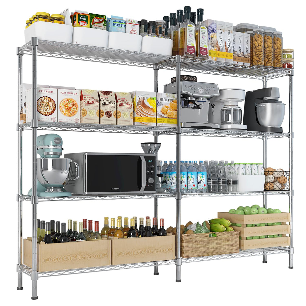 58 inch Wide Shelving Unit, 4 Tier Metal Rack, Pantry Storage Shelves Adjustable Wire Steel Shelving Unit for Heavy Duty Garage, Pantry, Kitchen Carbon Steel Storage Chrome TOEMOA