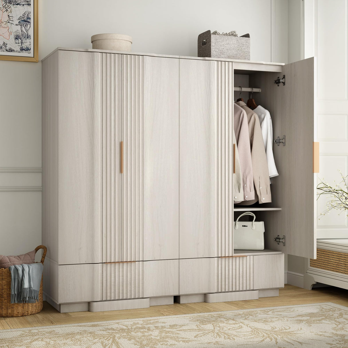 Yechen 64" Fluted Armoire Wardrobe Closet with Doors and Drawer, Wooden Wardrobe Cabinet with Adjustable Shelve, Modern Small Armoires for Hanging Clothes Coats for Bedroom, White Grey Yechen