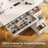 Seventable Vanity Desk with 4 Fabric Drawers, Vanity Table and Chair Set with Power Outlet & LED Strip, Makeup Table with 3 Adjustable Lighting Modes, White Gold Seventable