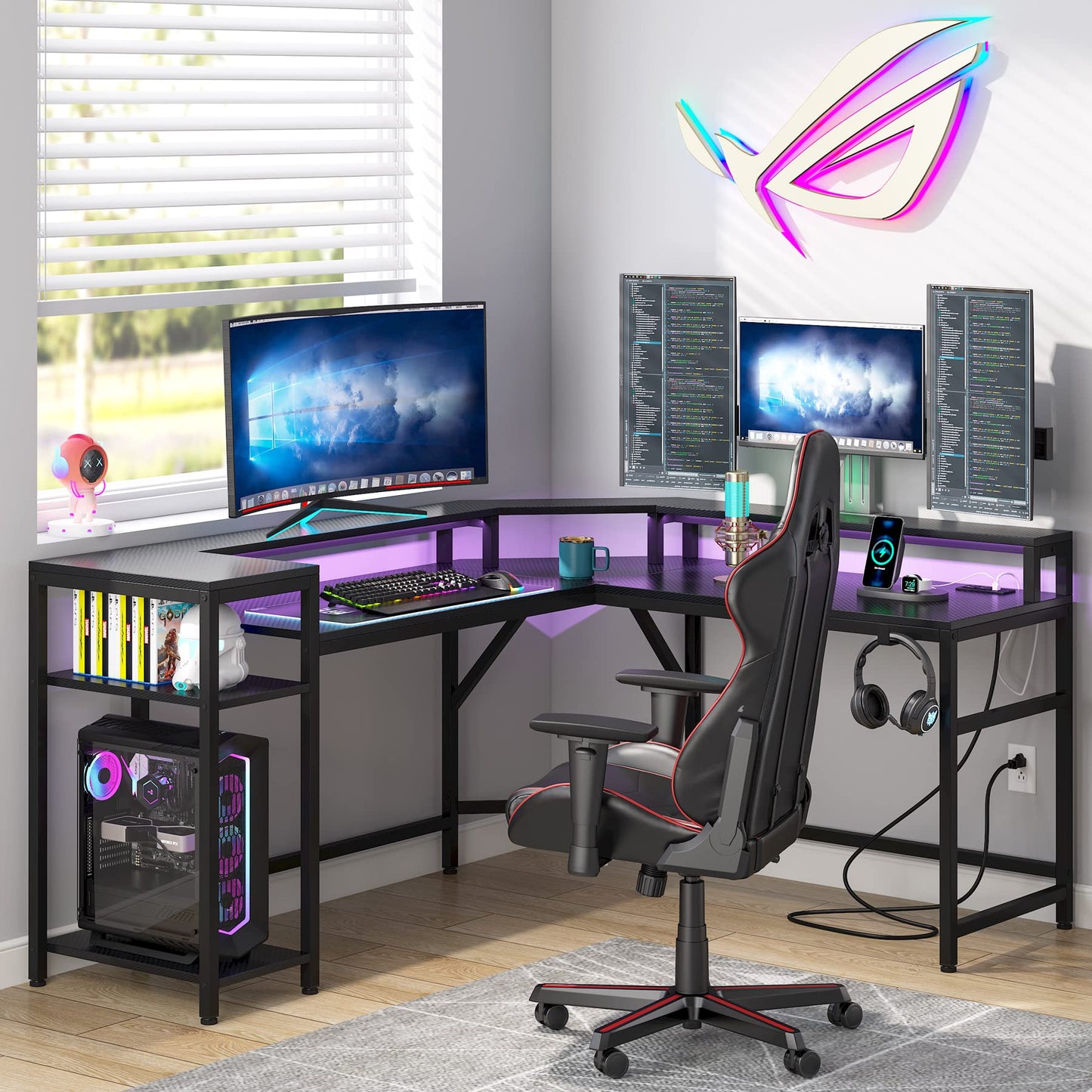 Tribesigns L-Shaped Gaming Desk with Power Outlets & LED Strips, L-Shaped Computer Desk with Storage Shelves, Corner Computer Desk with Monitor Stand, Black Modern Writing Desk Home Office, G - WoodArtSupply