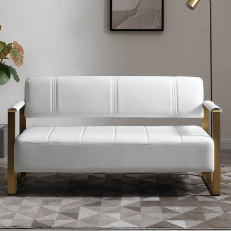 PBOGHLRD 57.9" Modern Leather Loveseat Sofa, Upholstery Faux Bonded Leather Accent Futon Couch with Metal Square Arms for Living Room, Office, Apartment (White) PBOGHLRD