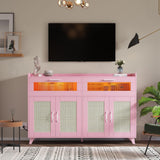 Sideboard Buffet Cabinet With LED Light & Power Outlet, Kitchen Storage Cabinet With 2 Acrylic-Board Drawers & 4 Rattan Doors, Coffee Bar Cabinet Wood Buffet Table for Kitchen, Dining Room (Pink) GarveeHome