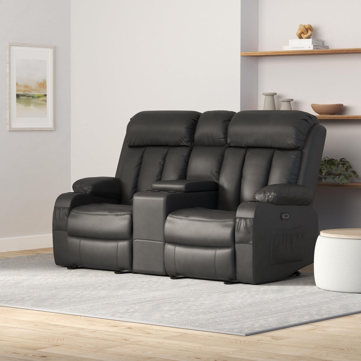 MCombo Power Loveseat Recliner with Console, Heat and Vibration Massage, Reclining Loveseat Sofa with USB Ports, Cup Holders for Living Room, Faux Leather 6095 (Black) MCombo