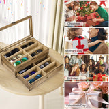 SRIWATANA Sunglasses Case Organizer for Women Men, 12 Slot Wood Eyeglass Eyewear Display Box with Glass Top, Gifts for Loved One, Carbonized Black SRIWATANA