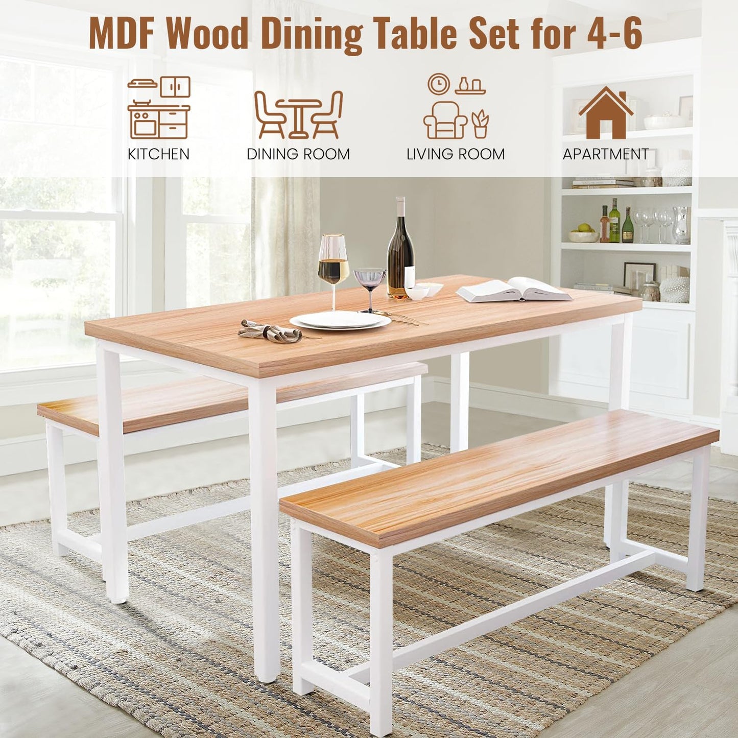 DKLGG Dining Table Set for 4, Kitchen Table Set with 2 Dining Bench, Farmhouse Wooden Dining Room Table Set for 4 Breakfast Nook Table Set for Small