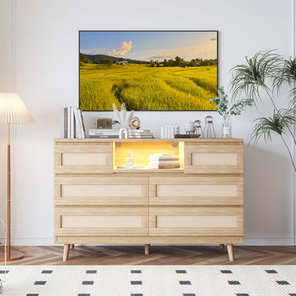 Rattan Dresser for Bedroom with Led Light and Charging Station, 6 Drawer Double Dressers, Modern Wooden Dresser Chest, Beside Table for Closet, Nursery, Living Room,Natural