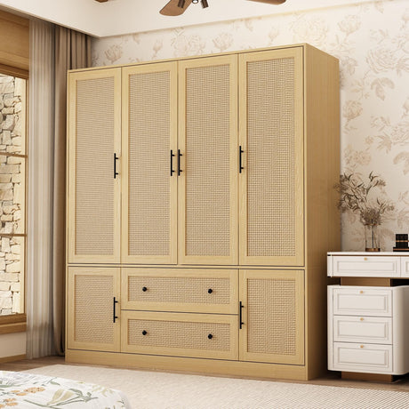 Homsee 6-Door Wardrobe Armoire Closet, Large Bedroom Cabinet Armoire with Rattan Doors, 2 Drawers, Hanging Bars & 7 Shelves, Light Brown Homsee