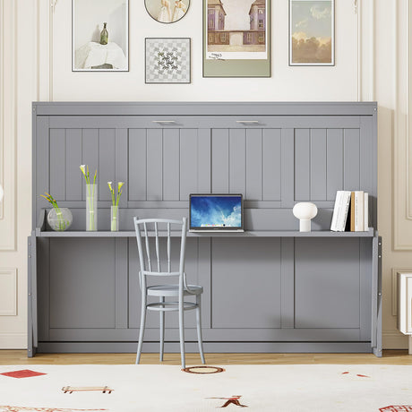 SOFTSEA Horizontal Murphy Bed Full Size, Grey Wood Murphy Cabinet Bed with Desk, Hidden Foldable Wall Bed Cabinet, Space-Saving for Guest Room, Small Space, Grey SOFTSEA