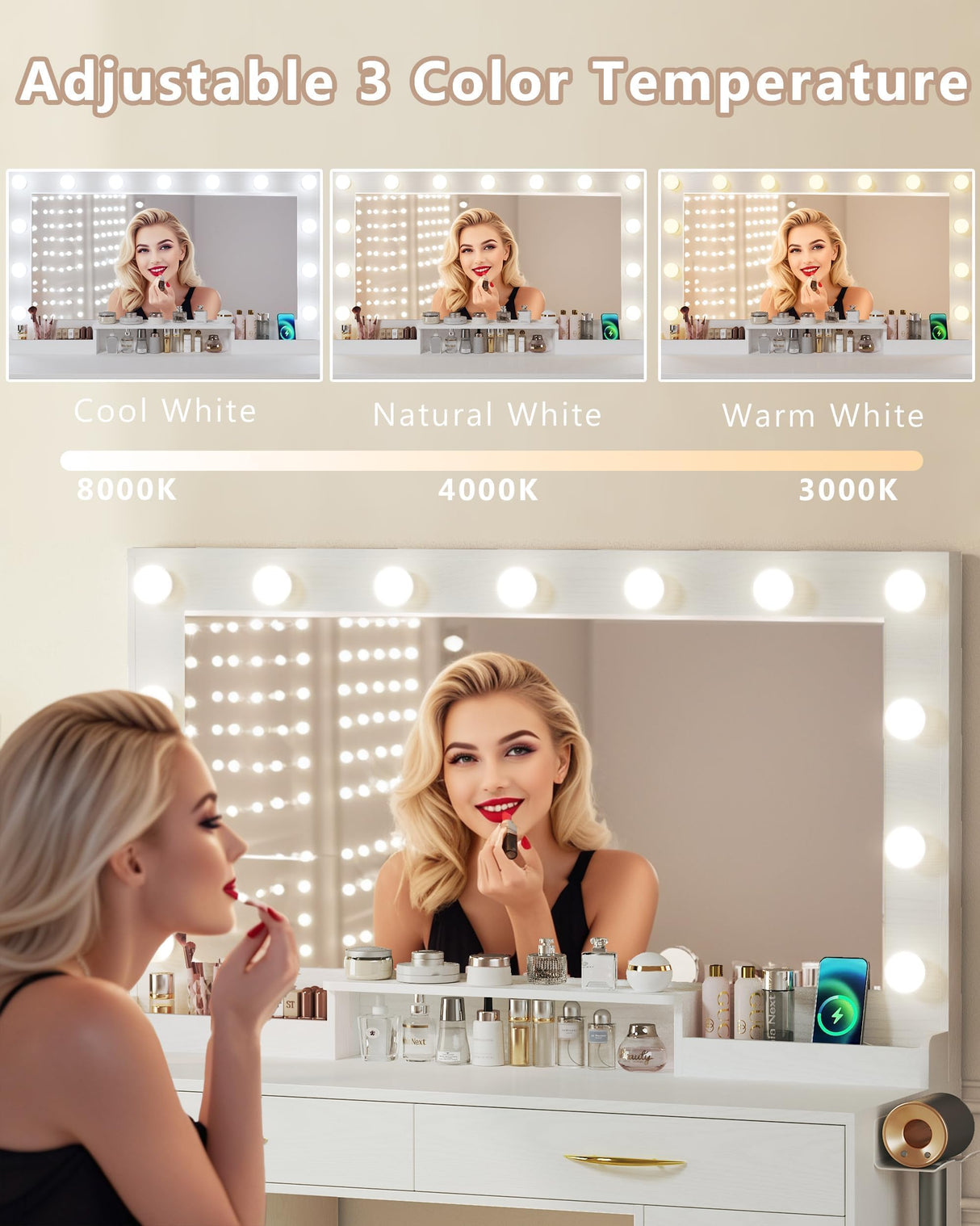 HUAHUU Makeup Vanity Desk with Lights, Vanity Desk with Large Mirror, White Vanity with Outlets Large Drawers & Storage, 3 Lighting Color Adjustable, Bedroom Dressing Table HUAHUU